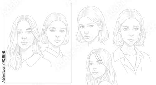 Pencil Sketch Portraits of Diverse Young Women with Various Hairstyles