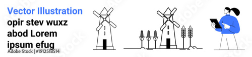 Renewable energy, agriculture technology, sustainability, farming innovation, crop analysis, rural development. Windmills, crops and a woman with a tablet. Renewable energy and agriculture