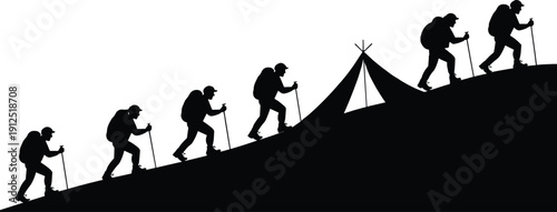 Silhouette of six hikers with backpacks and trekking poles climbing a steep mountain ridge past a camping tent and peaks