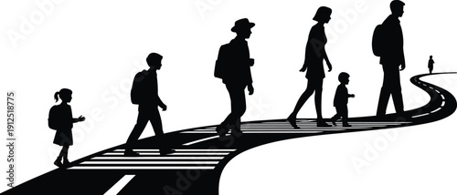 Silhouette of students and children walking on a winding road crosswalk representing education path school journey and personal growth stages