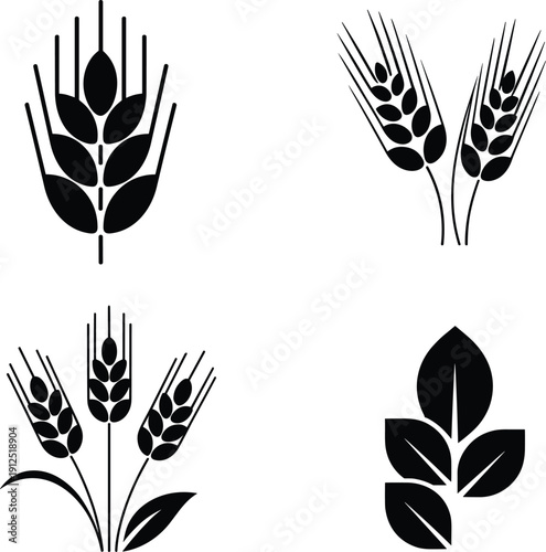 Black wheat and barley silhouettes set, cereal grain ears and leaf icons isolated on white background vector illustration collection