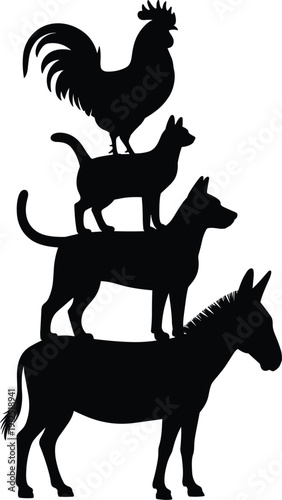 Bremen Town Musicians silhouette vector illustration, stacked farm animals rooster cat dog donkey isolated on white background, fairytale folklore logo design
