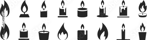 Candle flame icon set, black silhouette candlelight symbols collection with fire shapes and wax drips isolated on white background for logo design