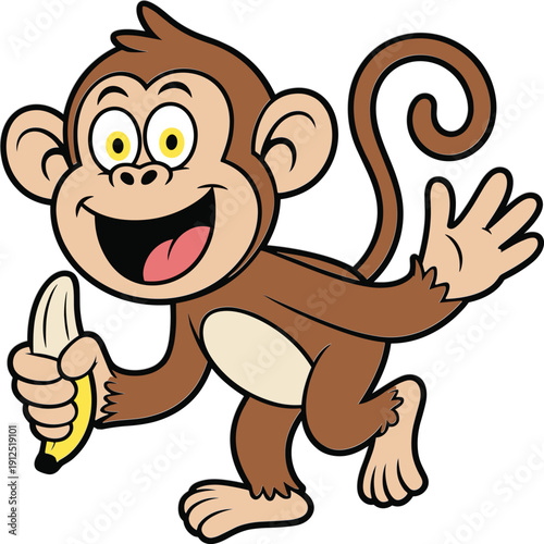 Cute happy cartoon monkey holding banana vector illustration, funny jungle primate character isolated on white background