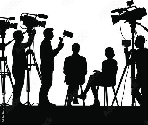 Silhouette of television film crew interviewing guests in professional studio with cameras and lighting for news broadcast and media production