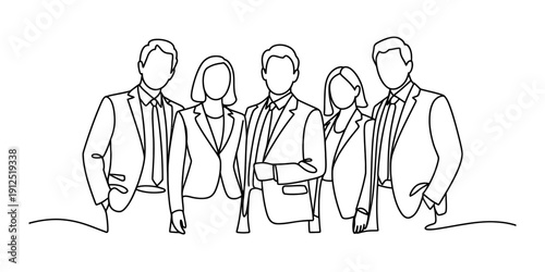 Continuous line drawing of a professional business team standing together in a group Vector, illustration