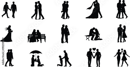 Silhouette set of diverse couples in romantic poses including wedding scenes proposals walking holding hands and sitting on park benches