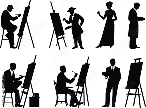 Silhouette set of diverse artists and painters working on easels with brushes and palettes for creative art studio and education
