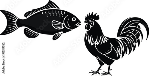 Fish and rooster silhouette vector illustration, isolated black animal icons in engraved style, farm and aquatic wildlife design on white background