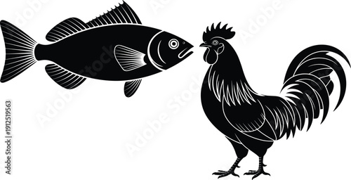 Fish and rooster silhouette vector illustration, black engraved style farm and aquatic animals isolated on white background, vintage logo design