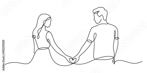 Continuous line drawing of a young couple holding hands to form a heart shape with their fingers. Vector, illustration