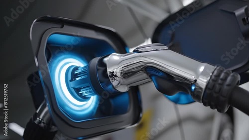 Close-up Animation of an Electric Motorcycle Charging Port with Blue Light Effects during the
