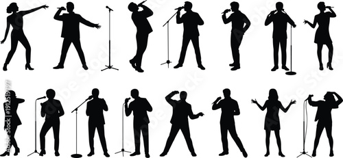 Silhouette set of diverse singers and vocalists performing with microphones on stage for music concert entertainment talent and karaoke performance