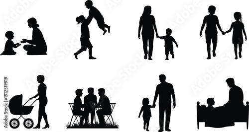Silhouette set of family members engaging in various daily activities including walking playing eating and caring for children and babies