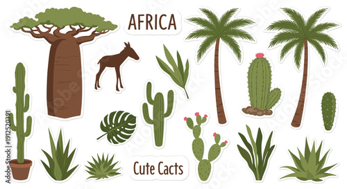 Collection of African nature stickers featuring baobab trees, palm trees, various cactus species, and silhouettes of wild animals on white.