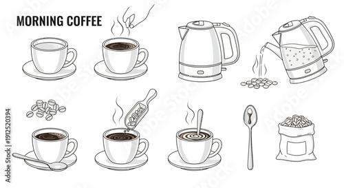 Morning Coffee Preparation: From Beans to Brewed Cup - Hand-Drawn Sketch