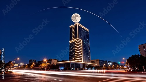 Night cityscape with full moon and light trails from moving traffic