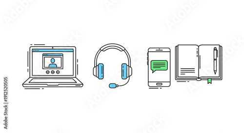 Online communication tools: laptop video call, headset, smartphone chat, notebook, remote work concept