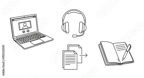 Online Learning and Note-Taking Concept: Laptop, Headphones, and Journal with Pen