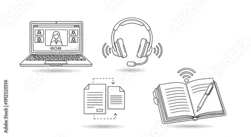 Online learning and remote work concept icons: laptop, headphones, documents, book