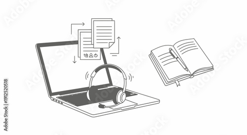Online Learning Concept: Laptop, Headphones, Documents, and Open Book with Pen