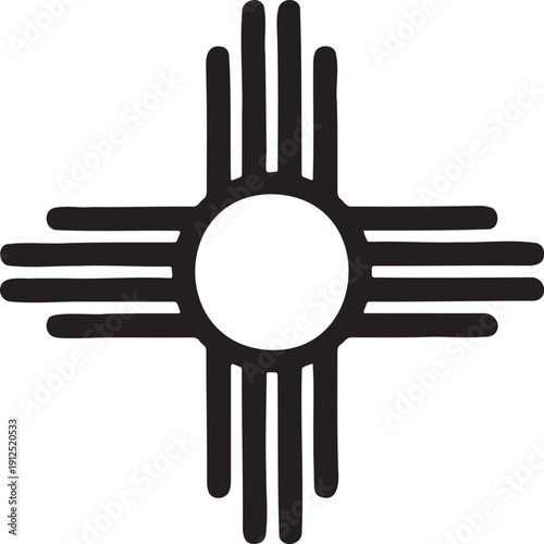 Black vector Zia symbol with a central white circle and four groups of three radiating lines, isolated on a transparent background.