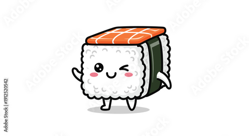 Cute kawaii sushi roll character with a salmon topping, winking eye, and a friendly wave, designed in a simple flat style on white.