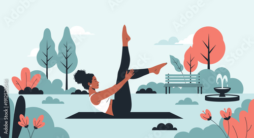 Young woman practicing core strengthening yoga poses on a mat in a beautiful outdoor park setting with lush trees, flowers, and a fountain.