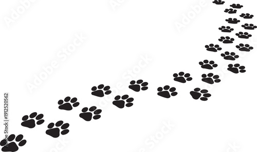Curved vector path of dark charcoal animal paw prints, isolated on a clean white background, ideal for pet-related branding or website design.