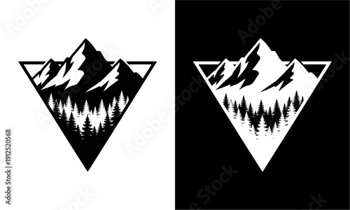 Mountain and forest landscape in a triangular shape, black and white design.