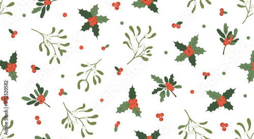 Traditional winter holiday seamless pattern background featuring green holly leaves with red berries and white mistletoe sprigs on white.