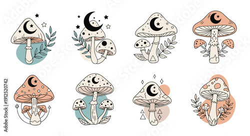 Detailed collection of mystical mushroom illustrations adorned with crescent moons, stars, and branches in a vintage hand-drawn style.