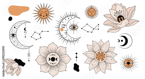 Esoteric collection of mystical suns and moons with faces, lotus flowers, and star constellations in a refined black, white, and peach.