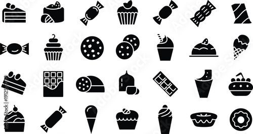 Sweet dessert and candy black silhouette icons collection, bakery pastry cupcake chocolate ice cream cookie vector set isolated on white background
