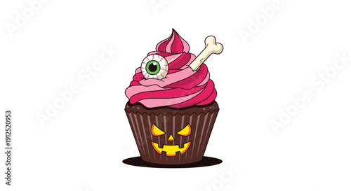 Spooky Halloween themed cupcake with dark chocolate base, pink frosting, a large green eyeball, and a bone decoration with a scary face.