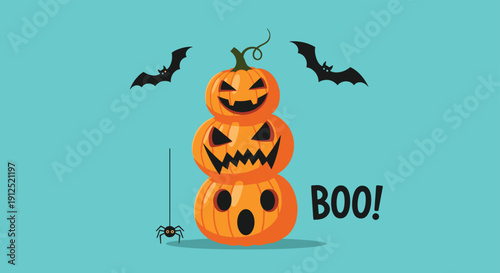 Spooky stack of three carved jack-o-lanterns with different expressions surrounded by bats and a spider for Halloween night.
