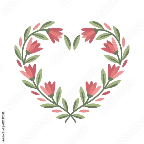 A heart shape made of red flowers and green leaves on a white background