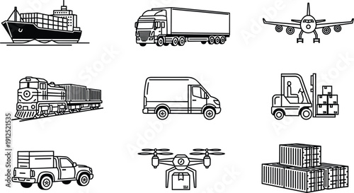 Logistics transportation line icons set, cargo ship, truck, airplane, train, forklift, delivery van, drone, containers, freight transport illustration