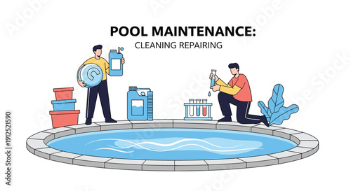 Professional pool maintenance workers cleaning and repairing a swimming pool with various chemicals and testing equipment.