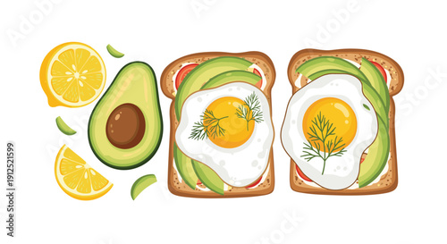 Detailed illustration of two avocado toast slices topped with fried eggs and dill served with fresh avocado and lemon.
