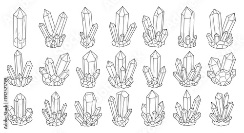 Comprehensive collection of various hand-drawn crystal clusters and minerals in a detailed black and white line art style.