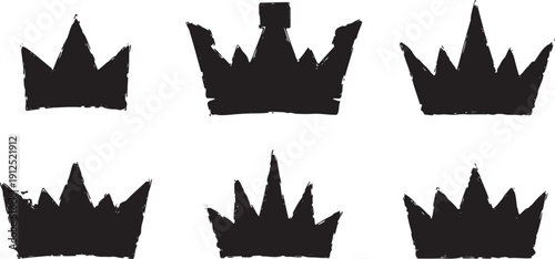 Vector set of six distressed black crown icons with jagged edges, perfect for branding, social media, or a royal-themed graphic resource.