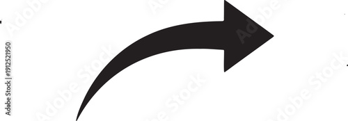 Curved black vector arrow pointing right, isolated on a transparent background, ideal for UI design, website navigation, or social media sharing icons.