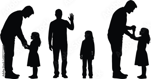 Father and child silhouettes showing parenting moments discipline guidance separation and emotional distance family relationship concept isolated white background illustration