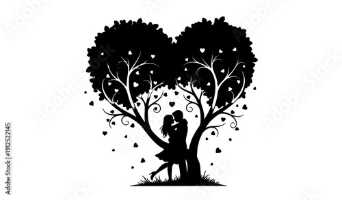 Embracing Romantic Couple with Heart Tree Silhouette Vector Art