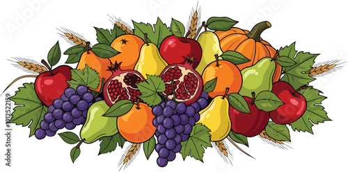 Colorful Assortment of Fresh Fruits and Leaves.