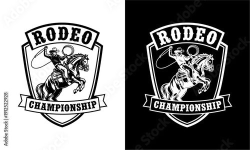 Rodeo Championship Emblem with Cowboy on Horseback in Vintage Style.