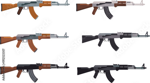 Vector Set of Kalashnikov AK-47 Assault Rifles in Various Colors and Textures Isolated on White Background for Gaming and Design