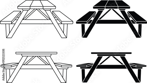 Vector silhouette and line art icons of wooden picnic tables and outdoor garden furniture set isolated on white background for camping