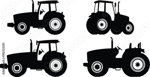Vector silhouette of farm tractors and agricultural machinery icons set isolated on white background for farming and industrial equipment design